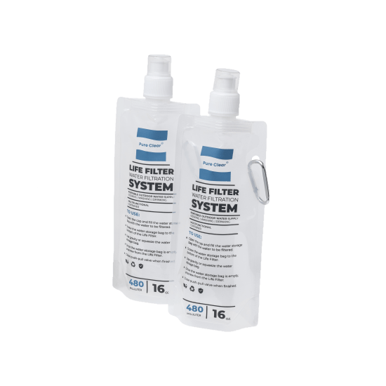 Two Pure Clear water filter pouches labeled "LIFE FILTER WATER FILTRATION SYSTEM," featuring spray nozzles and clear packaging, designed for enhancing water quality.