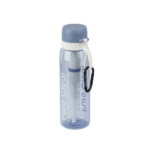 Pure Clear® active water filter bottle in blue with a grey cap and attached carabiner, designed for efficient hydration and compatible with various filtration products.