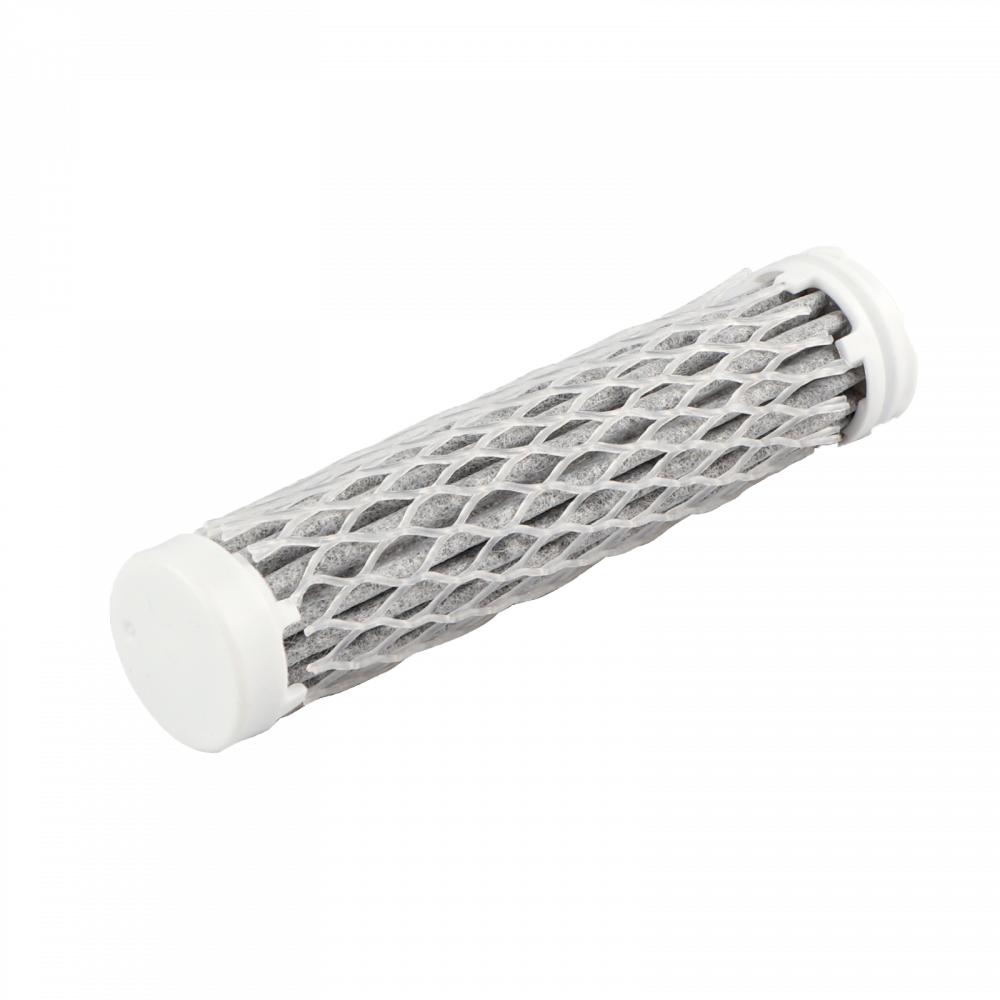 Pure Clear® – Active Water Filter Cartridge, cylindrical design with a grey mesh exterior, designed for efficient water filtration in outdoor activities.