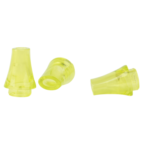 Pure Clear® Life Filter® mouthpieces in vibrant yellow, showcasing three distinct angles and designs for enhanced water filtration solutions.