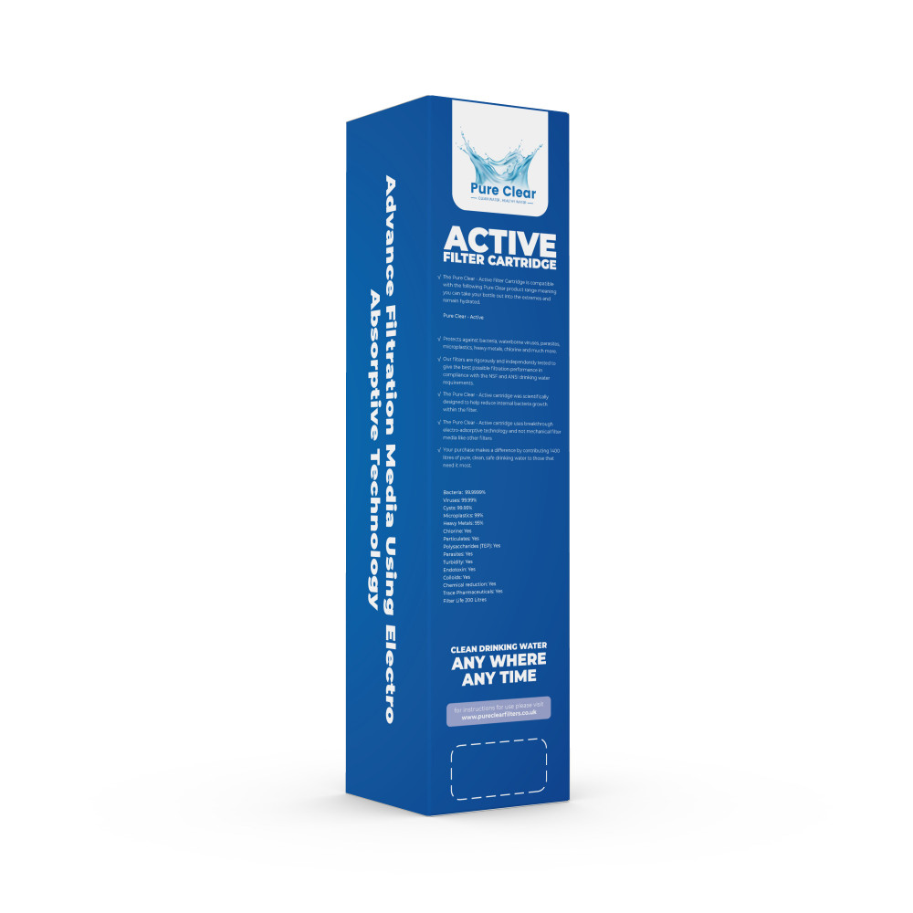 Pure Clear® Active Filter Cartridge packaging showcasing advanced filtration technology and product details, emphasising clean drinking water anywhere, anytime.