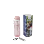 Pure Clear® Active Pink Water Filter Bottle with filter cartridge and packaging, designed for outdoor activities and effective bacteria removal.