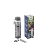 Pure Clear® Active Water Filter Bottle in grey with filter cartridge and packaging, designed for outdoor activities and water purification.