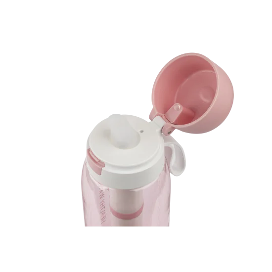 Pink Pure Clear® Active Water Filter Bottle with open cap and silicone mouthpiece, designed for outdoor activities and effective filtration.