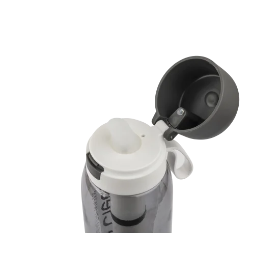 Active water filter bottle with grey cap and silicone mouthpiece, showcasing the Pure Clear® logo and filter cartridge.