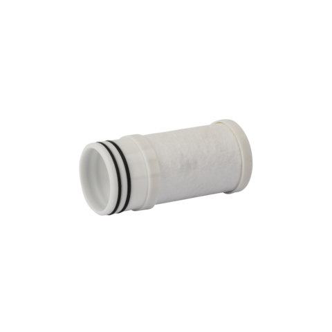 Pure Clear® water filter cartridge with white casing and black rings, designed for efficient filtration, featured in product listing for safe drinking water solutions.