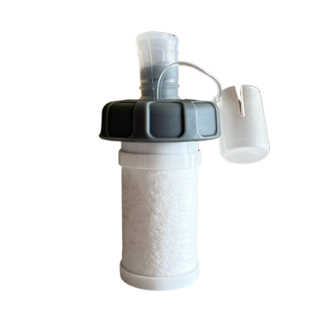42mm conversion cap for water filtration, featuring a grey top and white filter body, designed for use with Pure Clear® water filtration products.
