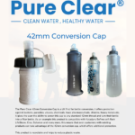 Pure Clear® 42mm Conversion Cap with filter, showcasing various compatible water bottles, promoting enhanced water filtration and health benefits.