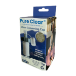 Pure Clear® 42mm Conversion Cap packaging showcasing advanced water filtration features and compatibility with 42mm thread bottles.