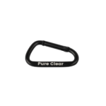 Black carabiner clip with "Pure Clear" branding, designed for use with water filtration bottles, promoting hydration on-the-go.