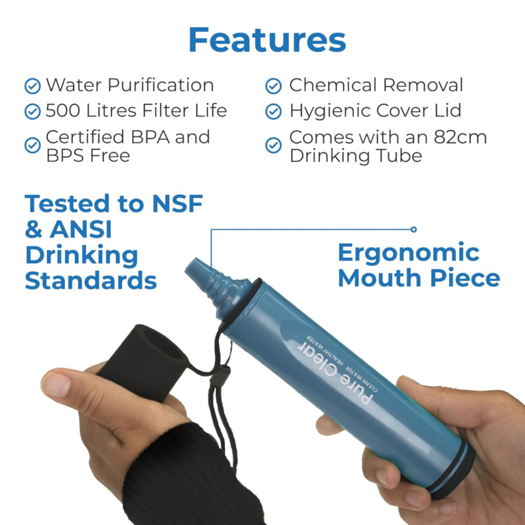Pure Clear® Life Filter® Pro water filter with ergonomic mouthpiece, featuring water purification, chemical removal, and hygienic cover lid, held in hand, with text highlighting product features and certifications.