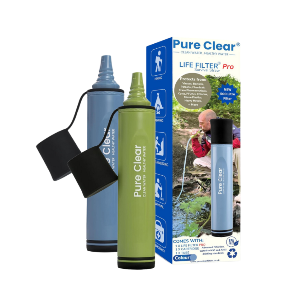 Pure Clear Filters LIFE FILTER Pro survival straw in blue and green, with packaging highlighting outdoor use, protecting against contaminants, and featuring a user drinking from a water source.