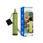 Pure Clear® Life Filter® Pro in green, featuring a water filtration straw with packaging, designed for outdoor hydration solutions and compatible with water bottles.