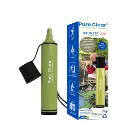 Pure Clear® Life Filter® Pro in green, with packaging, designed for outdoor water filtration, protects against contaminants, ideal for camping and hiking.
