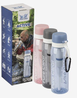 Pure Clear® Active Water Filter Bottles in grey, pink, and blue, displayed with packaging, showcasing portable hydration solutions for outdoor activities.