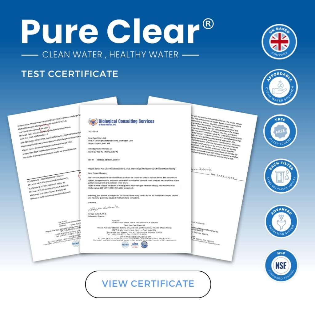 Pure Clear Filters test certificate showcasing water filtration effectiveness, including documents from Biological Consulting Services, featuring logos for UK-based company, advanced filtration technology, and NSF certification.