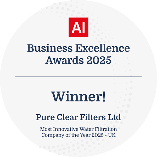 Award certificate for Business Excellence Awards 2025, recognising Pure Clear Filters Ltd as Most Innovative Water Filtration Company of the Year 2025, featuring the word "Winner!" and the AI logo.