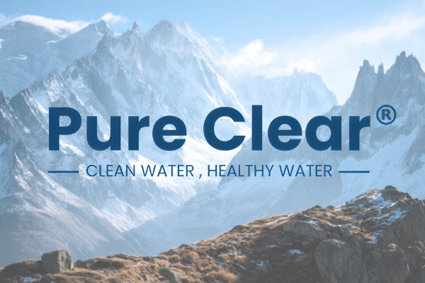 Pure Clear Filters logo with mountains in the background, promoting clean and healthy water for outdoor adventures.