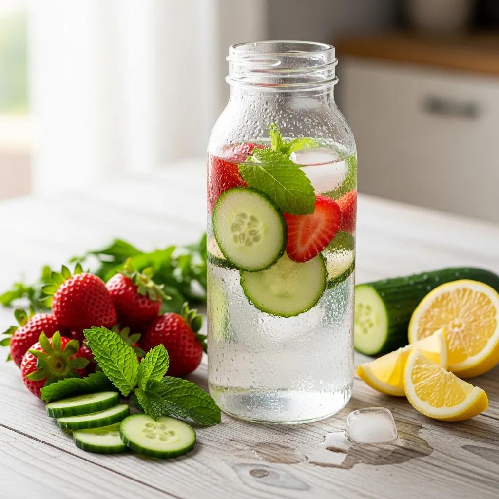 Infused filtered water in a reusable bottle with fruits and herbs, promoting healthy hydration tips